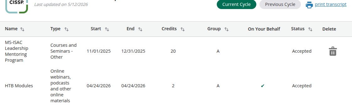 A quick screenshot of my CISSP CPE table inside of ISC2
